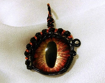 Red & Gold "Lava" Hand-Painted Dragon Eye Pendant w/Red-Orange and Black Beaded Wire Wrap (with Necklace)