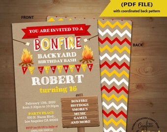 Bonfire birthday invitation outdoor party camping camp out invite kraft Instant Download YOU EDIT TEXT and print yourself invite 5503
