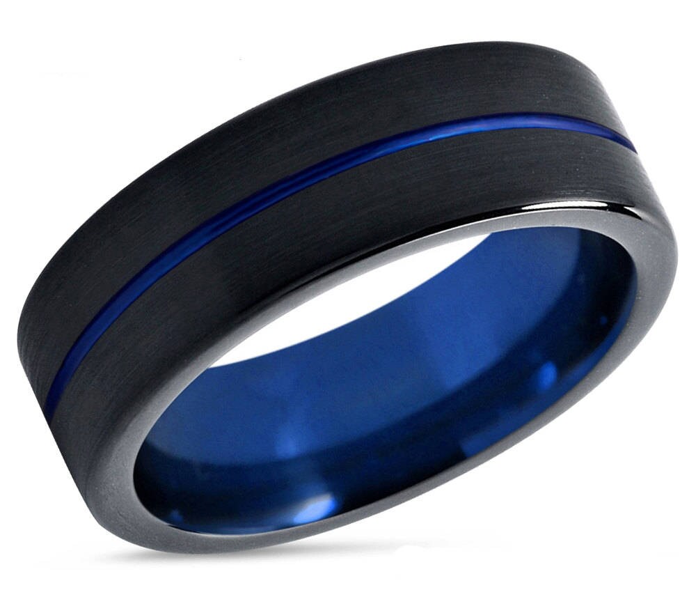 Mens Wedding Band Blue, Tungsten Ring Black 7mm, Wedding