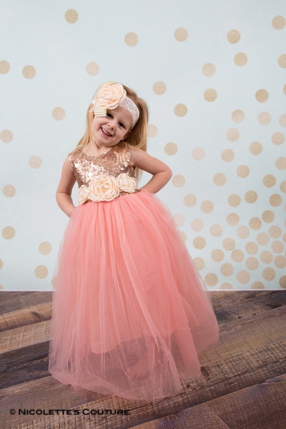 Rose Gold Flower Girl Dress Sequin Top Floor Length Dress