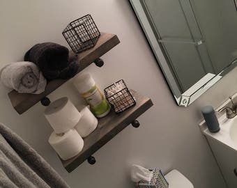 6" Depth Rustic Bathroom Shelve with pipe support brackets. Wood Wall Shelf, Kitchen Storage, Floating shelf, Towel Storage