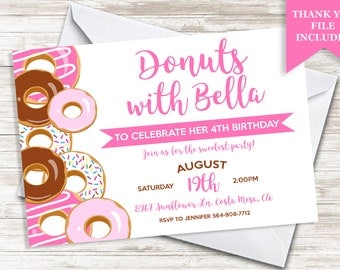 Donuts Birthday Invitation Invite Girls Sprinkle Doughnuts 7x5 Digital Kids Party Personalized ANY AGE