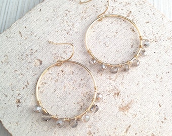 Hoop Earring,Gold Hoop Earring,Hoop Dangle Earring,Bead Hoop Earring,Grey Bead Hoop Earring,Bead Dangle Earring,Circle Hoop Earring