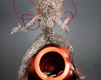 Lucky Money Fairy, Magical Home Decor, Fantasy Wire sculpture, Gift for him, Pot of Gold statue, Unique Art Statue, Office Cash, wealth gift