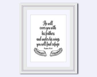 Psalm 9:4 - He will cover you - with his feathers - uplifting quote - Bible Verse Print - feather quote print - Christian wall art - instant