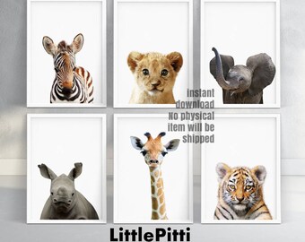 Safari nursery decor, safari animals, cute animals, zebra, lion, elephant, rhino, giraffe, tiger, jungle nursery print, set of 6 print kids