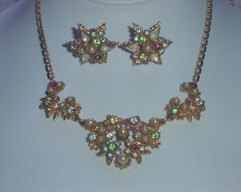Art Deco Opal and Colored Rhinestone Demi Parure - Necklace and Earring Set