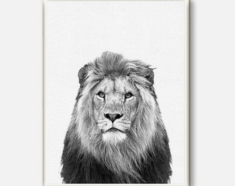 Lion Print, Safari Decor, Nursery Animal Wall Art, Lion Poster, Kids Room Printable, Instant Digital Download, Black and White Photo