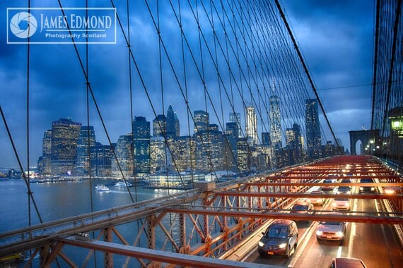 New York Digital Download, Brooklyn Bridge, New York Landscape, fine Art Photography,New York Prints, CIty Photography, Cars, Motors, Yellow