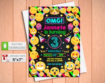 Printable invitation Emoji in PDF with Editable Texts, Emoticons Invitation Chalkboard party, edit and print yourself! Instant Download!