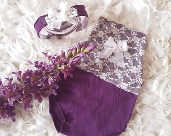 9 - 12 month lace romper, tie back, cake smash, baby photo outfit, baby photo clothes, baby romper, baby purple romper, lace headband