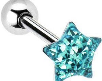 Aqua Paved Dome Star Gem Barbell Tongue Ring - 14g