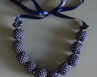 Handmade Fabric Bead necklace - Navy blue/ white polka dots - jewellery
