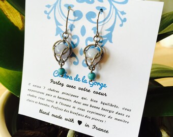 Earrings lithotherapy Chakra throat, stainless steel, chalcedony and turquoise
