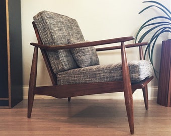 Vintage Mid Century Modern MCM Lounge Chair Danish Style 1950's Armchair Newly Refinished and Reupholstered Steel Blue Woven Tweed Fabric