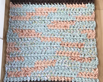 Rag rug, crochet rug, brown rug peach and green rug, bathroom rug, kitchen rug, cottage rug, cabin rug, rustic rug, recycled rug
