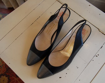 Bruno Magli vintage navy and white 1980s slingbacks