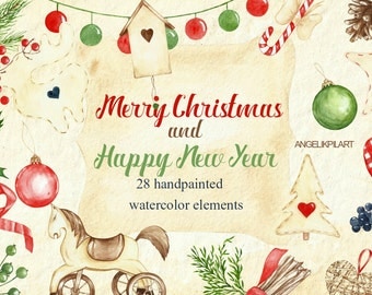 Watercolor Christmas clipart set contains 28 high-quality elements Retro style horse, bow, label. invitations and greeting card designs.