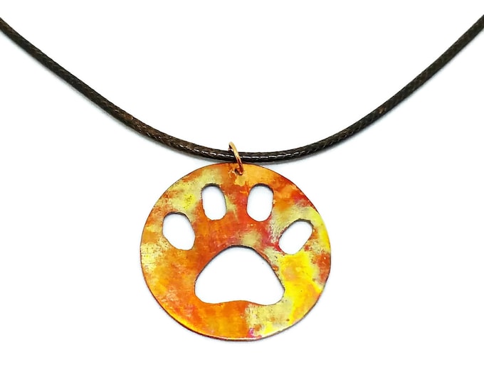 Copper Paw Print Pendant, Flame Painted Copper Dog Print Necklace, Dog Lover Necklace, Unique Birthday Gift