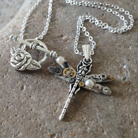 Steampunk dragonfly necklace, vintage upcycled jewellery, clockwork dragonfly necklace, gifts for nature lovers, repurposed watch parts by AmeliaAliceJewellery steampunk buy now online