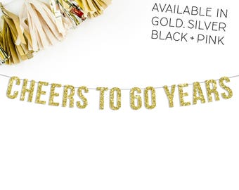 Cheers To 60 Years Banner | 60th birthday party decorations retirement anniversary pink black gold silver bar sign cups napkins sixty decor
