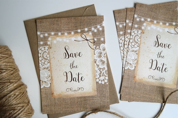Rustic Burlap & Lace Wedding Save The Date Card SAMPLE ONLY
