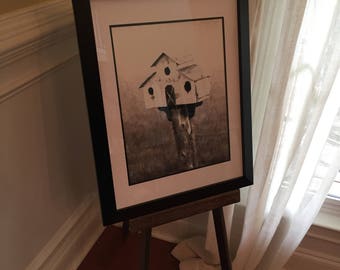 Framed print farmhouse style black and white barn birdhouse 11 X 14 matted photo