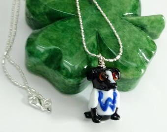 Chicago Baseball Lampwork Dog Pendant, Black and White Glass Dog Pendant, W Flag Glass Dog Bead with 20 inch Sterling Silver Necklace