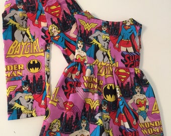 Super Heroes Bat Girl, Super Girl, Wonder Woman Inspired PJ Bottom or Dress to Fit Like American Girl Doll Clothes Pants, 18" Dolls, Comics
