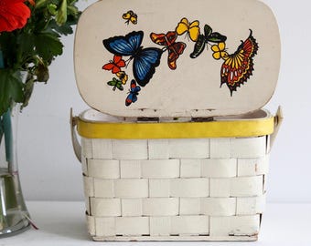 1960's Vintage Butterfly Hand Painted Woven Wood Picnic Basket Purse Caro Nan Papagallo Collectable Sewing Kit Yarn Holder