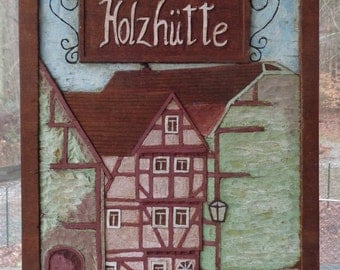Vintage Hand Carved & Hand Painted Wood Inlay Artwork From Germany/Austria Wooden Holzhutte House/ Cabin Country Home Decor Wooden Wall Art