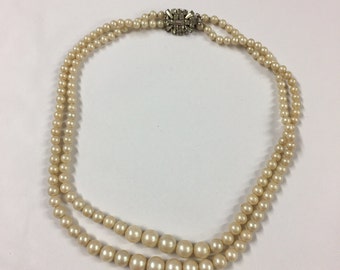 Items similar to Glass Pearl Necklace - Double Strand - Rhinestone ...