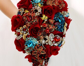 Roses Wedding Bouquet Brooch Bouquet Red Wedding Bouquet Crystal Wedding Bridal Bouquet Gold Jewellery Wedding Bouquet Turquoise Bouquet