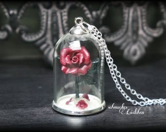Glass dome silver-plated chain "rose"with BELLE Red