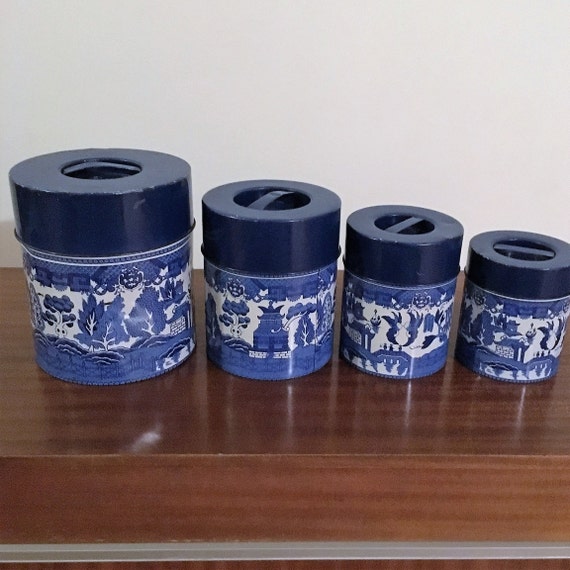 Vintage 1960s Set Of Four 4 Blue Willow Metal Kitchen