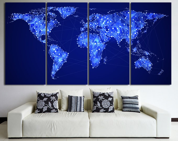 Night World Map Print, Large Geometric Wall Art Panels Set \ 1,3,4 or 5 Panels on Canvas Wall Art for Home or Office Decoration & Interior
