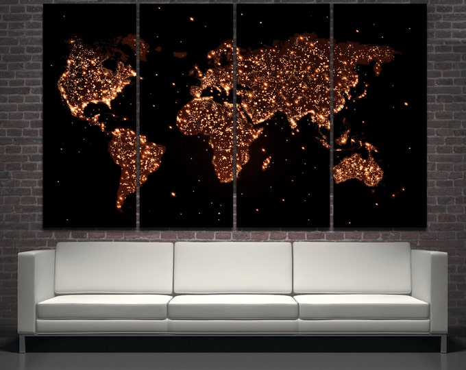 Large night world map print, night glow map, light map canvas print, large art print for home or office decoration world map canvas wall art