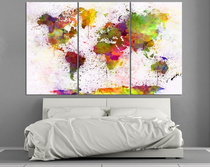 Large Colorful Watercolor World Map Canvas Print, Modern world map, colorful / 1 - 5 Panels on Canvas Wall Art for Home & Office Decoration