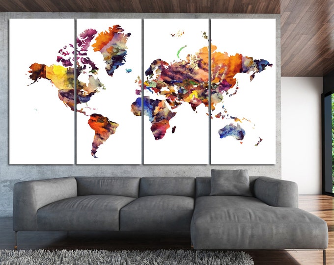 Large Watercolor World Map Canvas Set, Motley Abstract World Map Print / 1,3,4 or 5 Panels on Canvas Wall Art for Home & Office Decor