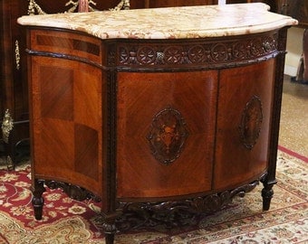Best French Carved Walnut Marble Top Louis XV Buffet Server Sideboard Inlaid