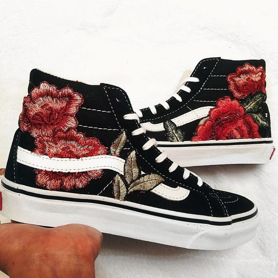 Womens Custom Rose Floral Embroidered Patch Vans Sk8-HI SLIM