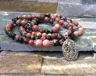Mala necklace 108 beads Lotus Ganesha rhodonite prayer chain