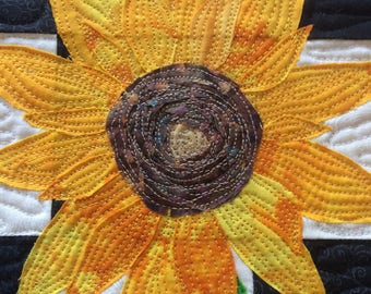 Art Quilt Sunflower, Landscape Quilt Flower, Quilted Wall Hanging Black and White, Wall Art, Home Decor in Black White and Yellow