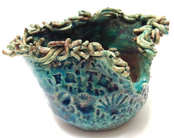 FAITH Raku Pottery Bowl with Turquoise and Copper Crackle Glaze with Iridescent Colors - Handmade Pottery Spiritual Pottery with Words