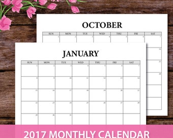 2017 calendar template, 2017 Monthly Planner, 2017 Printable Calendar, 2017 agenda, a5 calendar, a5 planner binder, A5 inserts, A4 printable