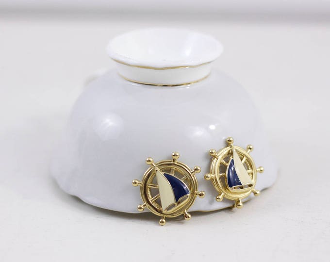 Vintage Nautical Earrings signed by Avon, Sailing boat earrings, Midcentury costume jewelry, clip-on earrings 1960s, sailing ship in wheel