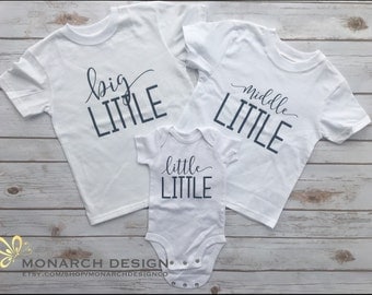 Cute Big Middle Little Shirts to wear for photos to announce pregnancy Third Baby Pregnancy Announcement