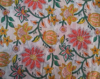 100% Cotton Hand Block Printed Multicolour Floral Design Fabric By The Meter