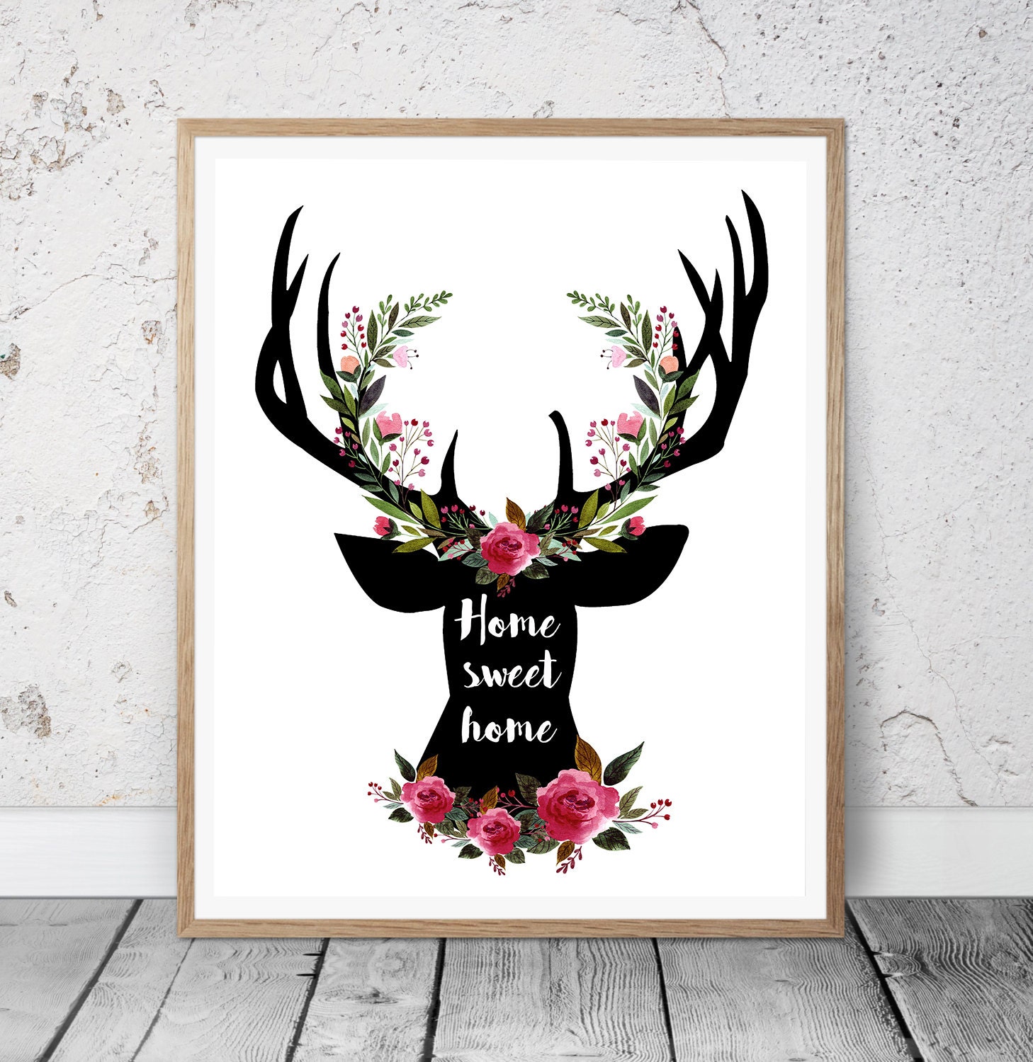 Deer wall art print Floral deer print Home Sweet Home wall