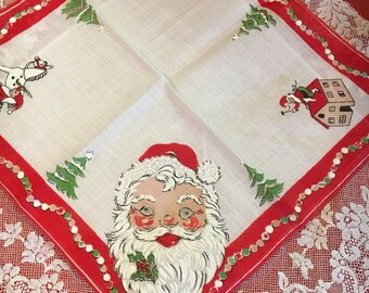 Vintage Christmas Santa Handkerchief by Bermel, with plastic googly eyes.